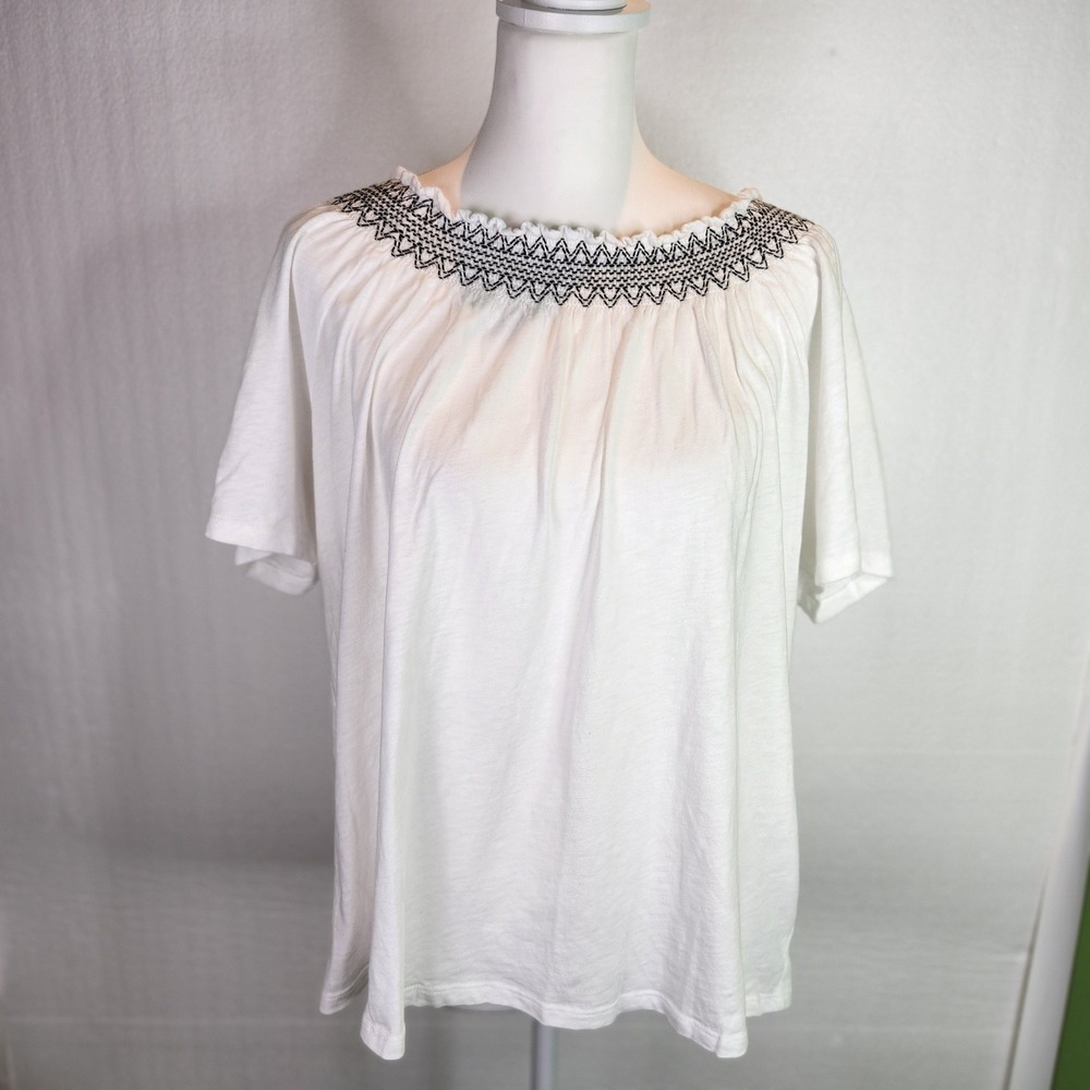 J.Crew Womens XL White Off The Shoulder Embroidered Smocked Neckline Top